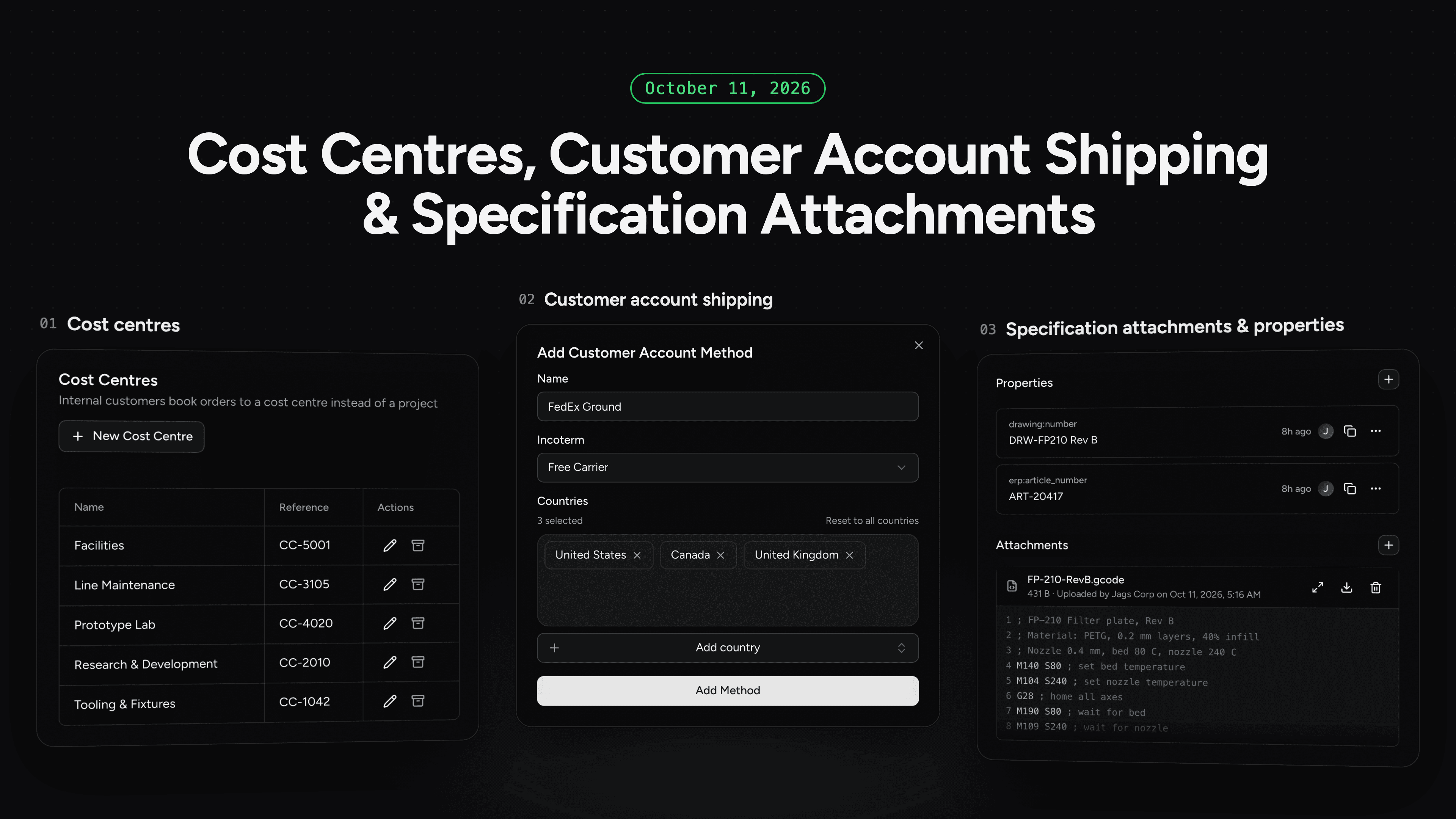 Cost centres in finance settings, a FedEx Ground customer account shipping method, and properties and a G-code attachment on a part specification