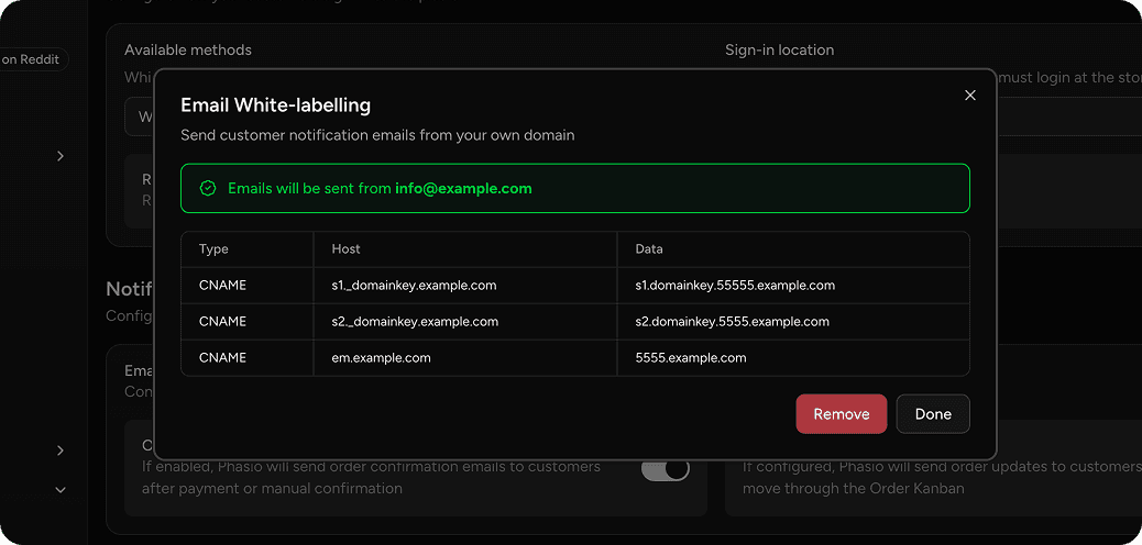 Custom domain email settings showing DNS white-labeling configuration