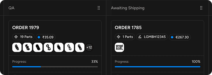 Order kanban cards showing part thumbnails and progress bars