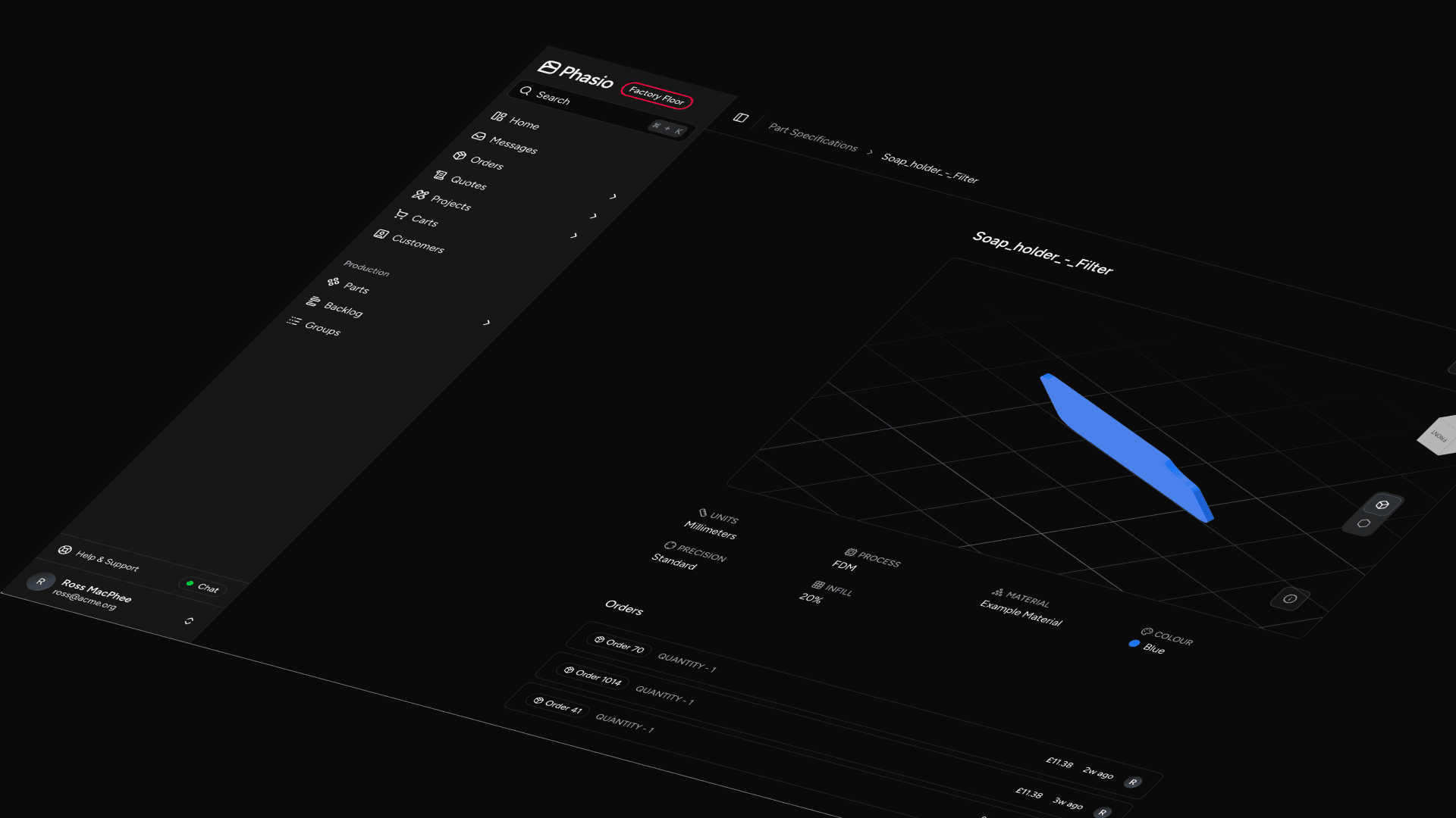 The redesigned layout, showing the new Settings entry in the menu alongside the refreshed part specification screen
