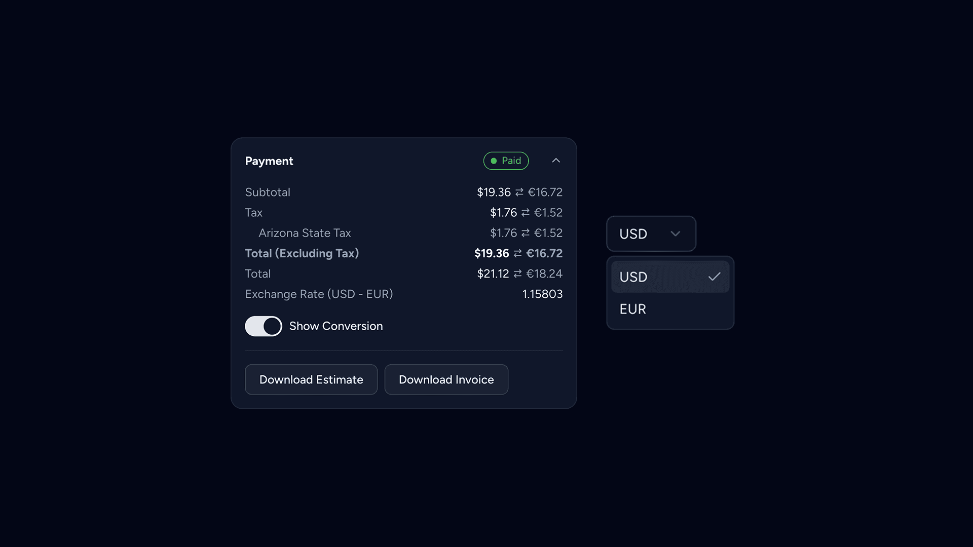 Multi-currency support thumbnail displaying a card containing pricing with currency conversion