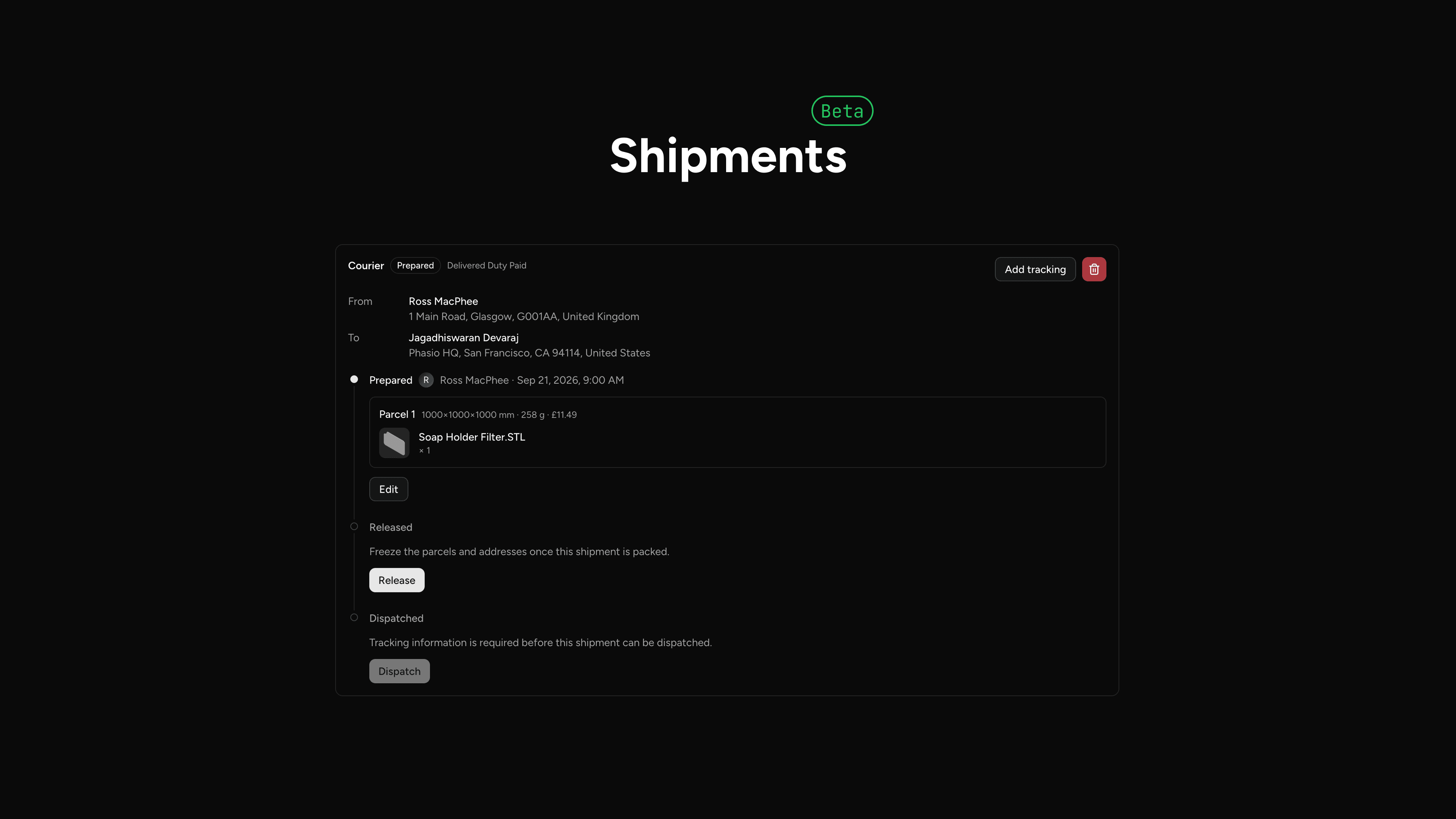 Split shipments beta with a prepared courier shipment