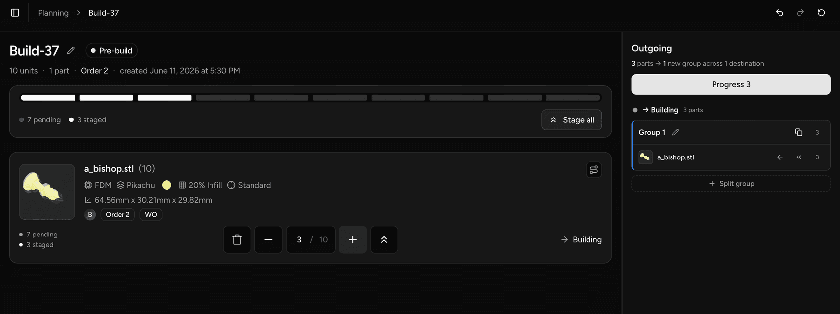 The build screen open on an operation, showing the part backlog, a staging lane, and the Progress button.