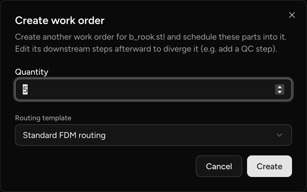 The Create work orders dialog for an FDM part on the Production tab, with its routing applied.