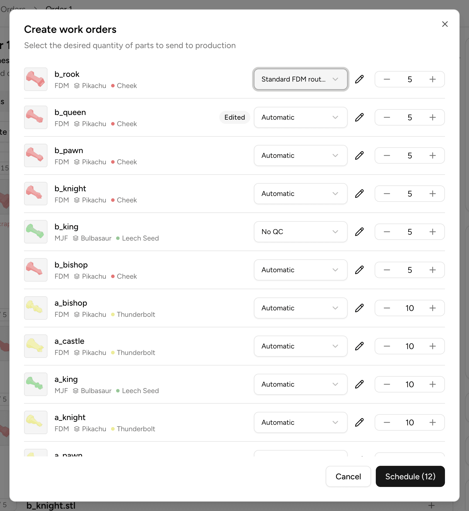 The Create work orders dialog on an order's Production tab, with a routing dropdown and quantity field per part.