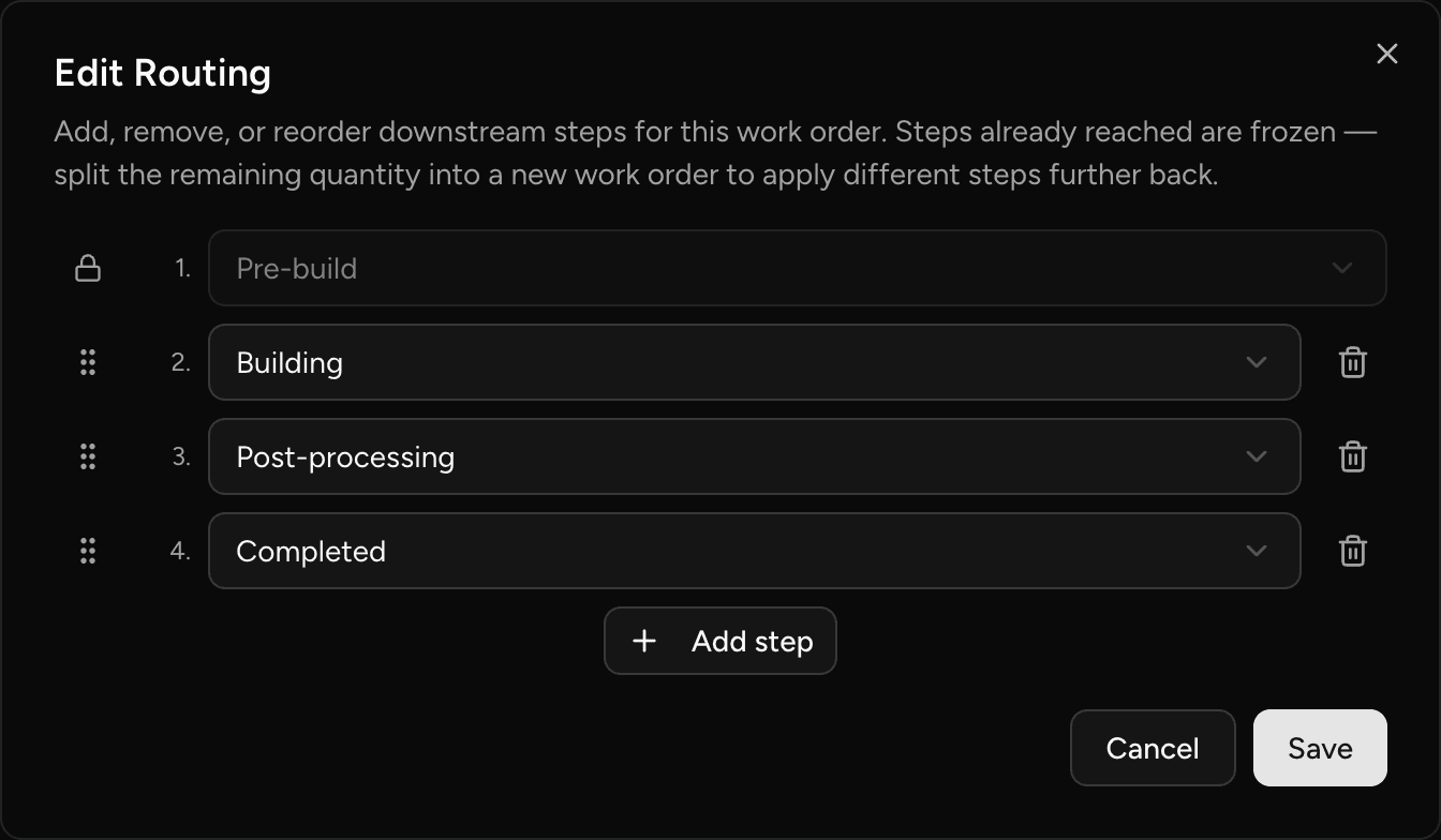 The Edit Routing dialog for a work order, with frozen earlier steps locked and later steps editable.