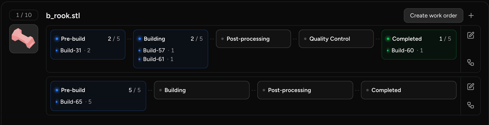 An order's Production tab showing a single part with two separate work orders, each tracked independently.