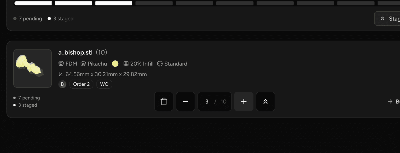 A part quantity staged into a build, with the pending count decreased and the staged count increased.