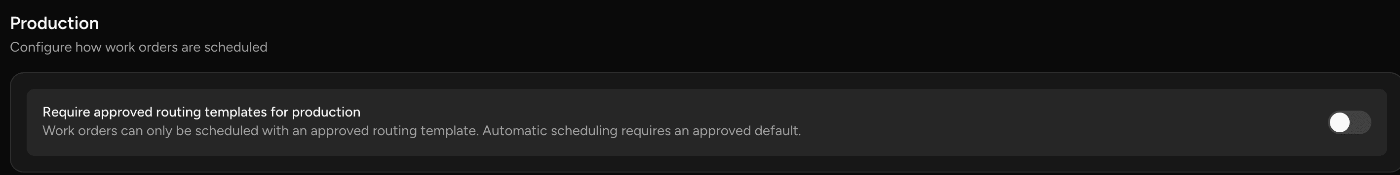 The Production settings section with the Require approved routing templates for production toggle.