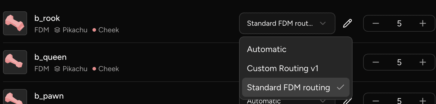 A part row in the dialog with the routing dropdown open, showing Automatic and a named template.