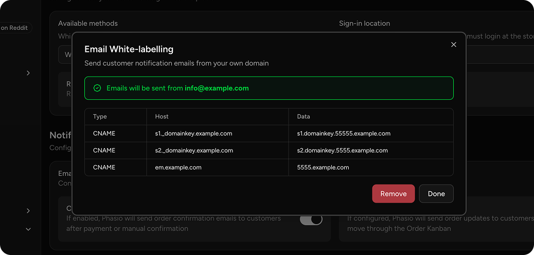 Custom domain email settings showing DNS white-labeling configuration